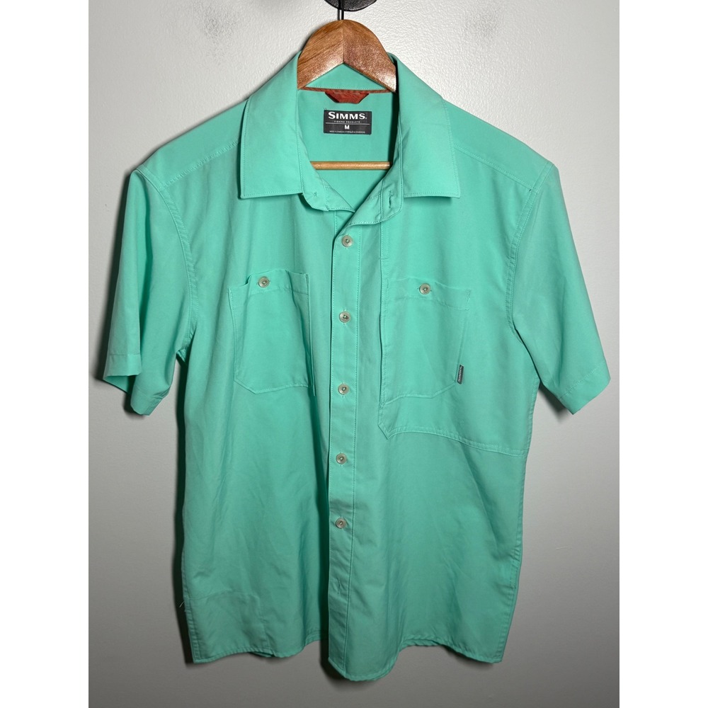 Simms Fishing Products Mens Medium Seafoam Green Short Sleeve Button Down Shirt